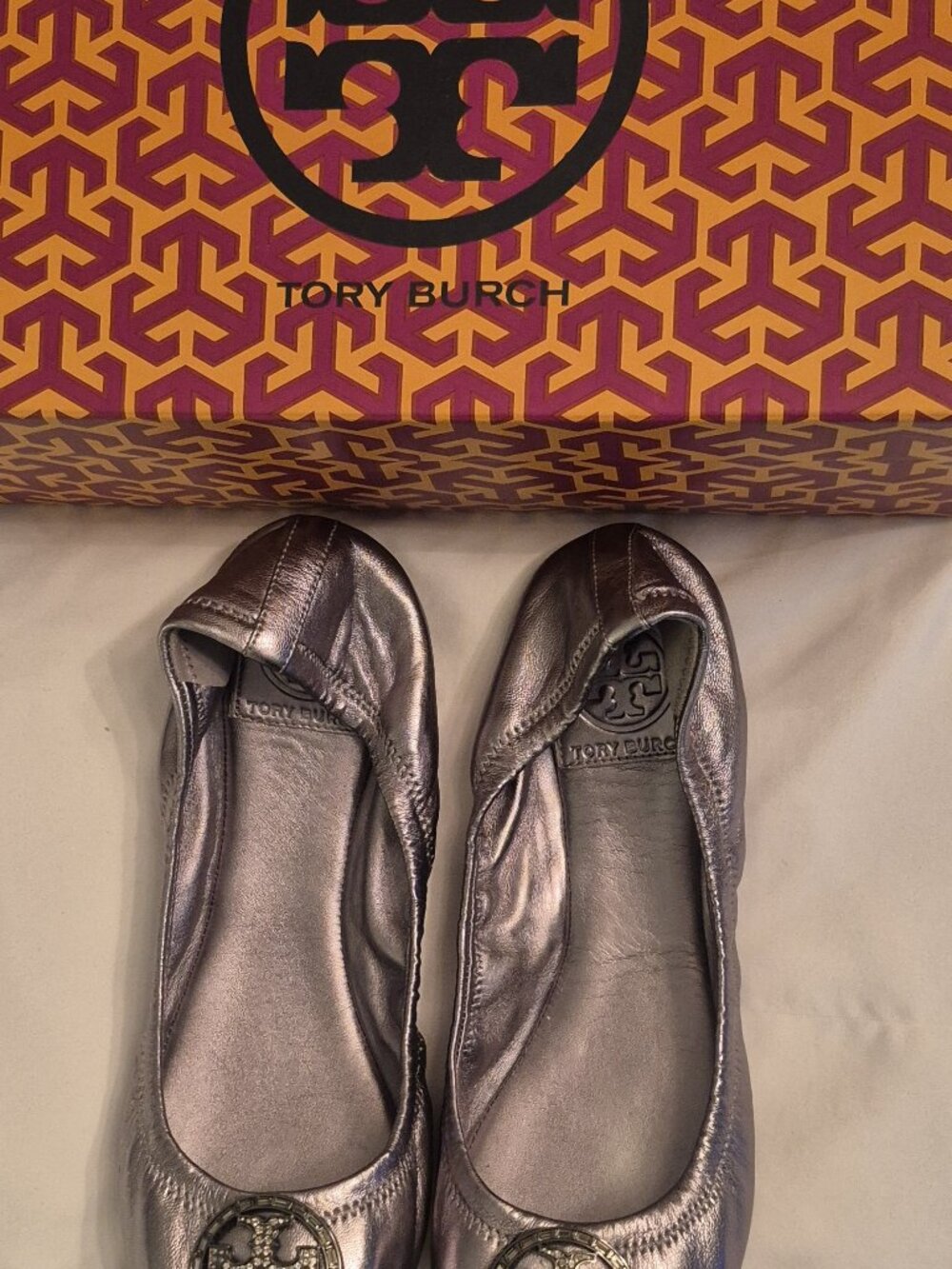 Tory Burch Violet 2 Ballet metallic lamb leather pewter size 7 1/2